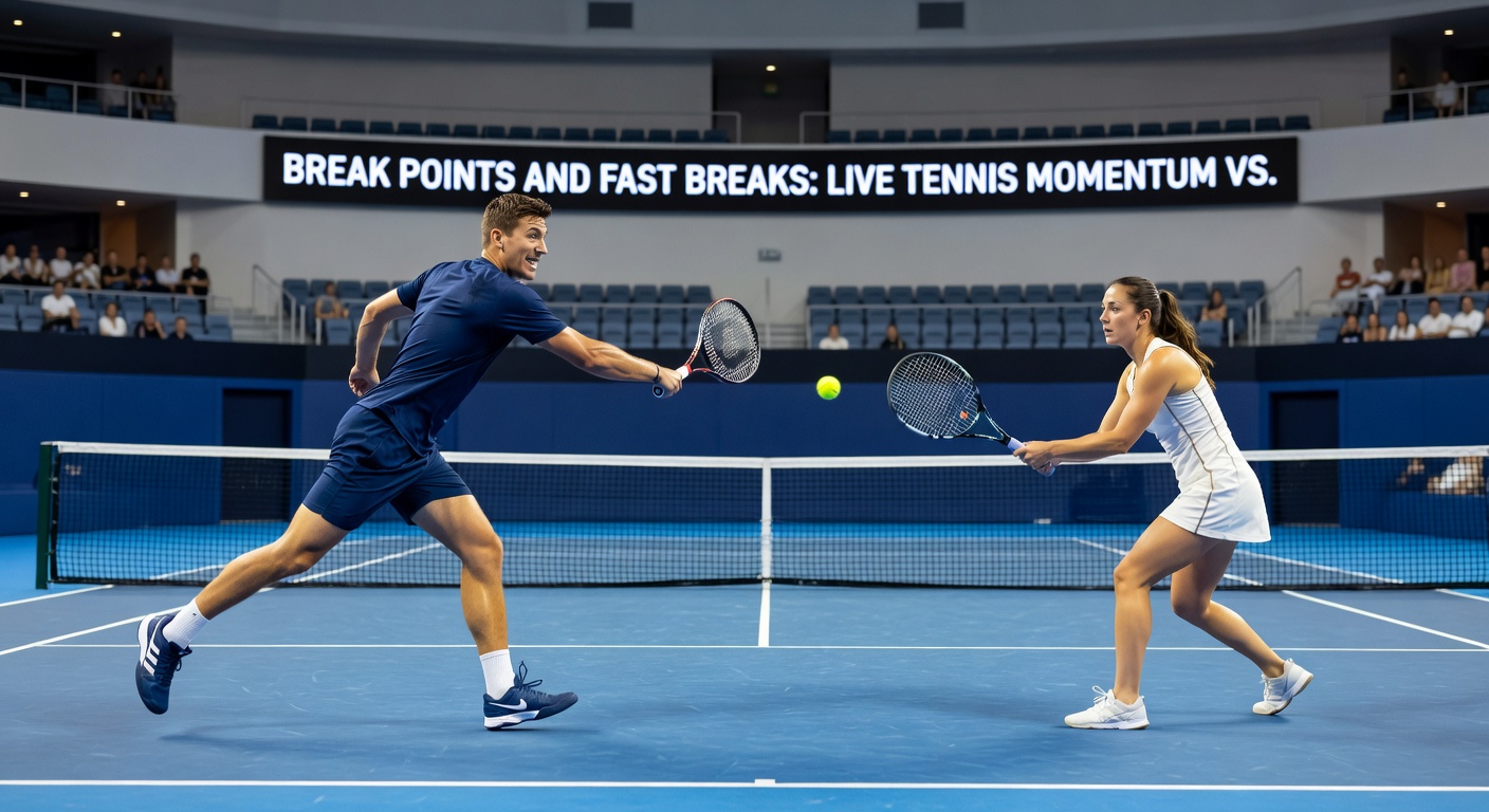 Dynamischer Moment eines schnellen Breaks im Tennis, mit dem Ball beim Returner und dem Server in Abwehrhaltung